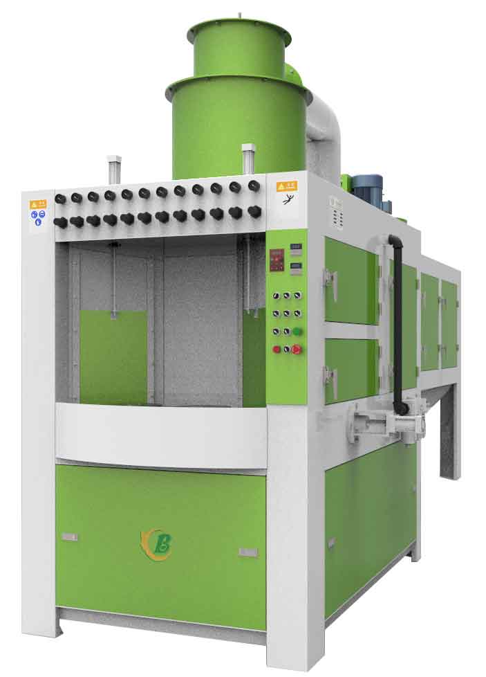電飯鍋轉(zhuǎn)盤式自動噴砂機(jī)，炊具件自動噴砂機(jī)-1、轉(zhuǎn)臺自動間歇回轉(zhuǎn)，定位精準(zhǔn)（也可根據(jù)產(chǎn)品要求設(shè)計連續(xù)旋轉(zhuǎn)），多工位同時加工； 2、噴槍組可選水平、垂···